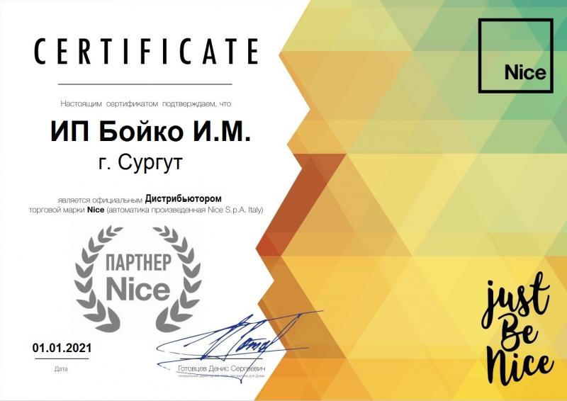 Сертификат дилера NICE